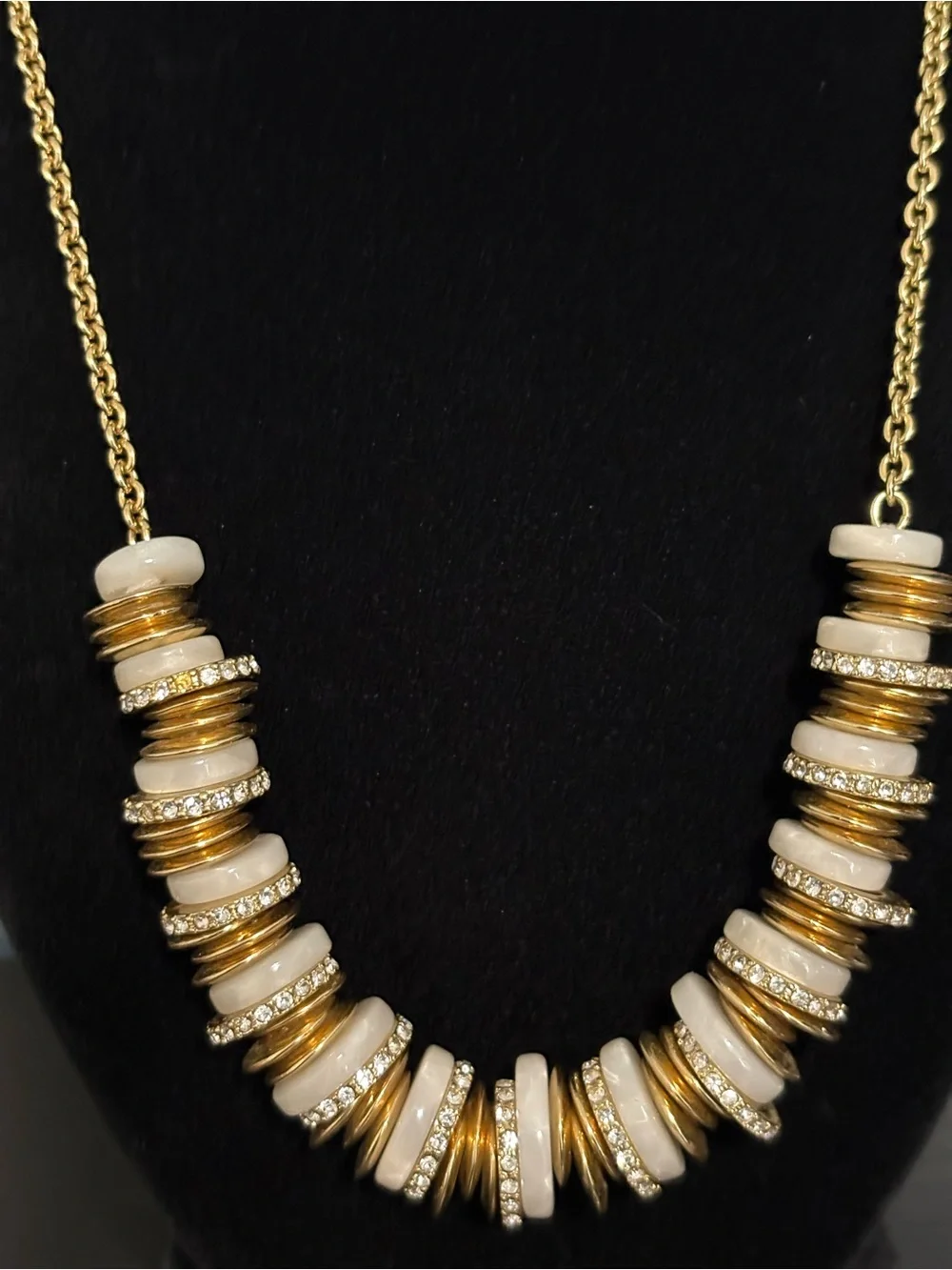 Ann Taylor statement bib necklace stacked rings gold tone clear crystals. EUC
